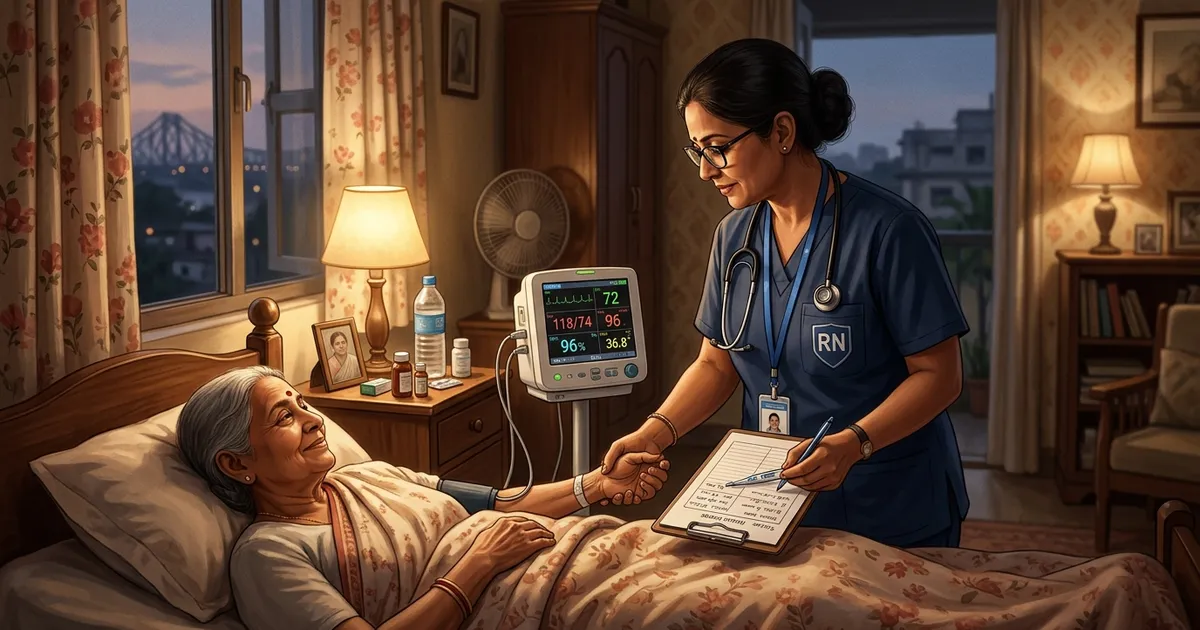 Registered nurse monitoring patient bedside clinical charts during an evening home shift in Kolkata