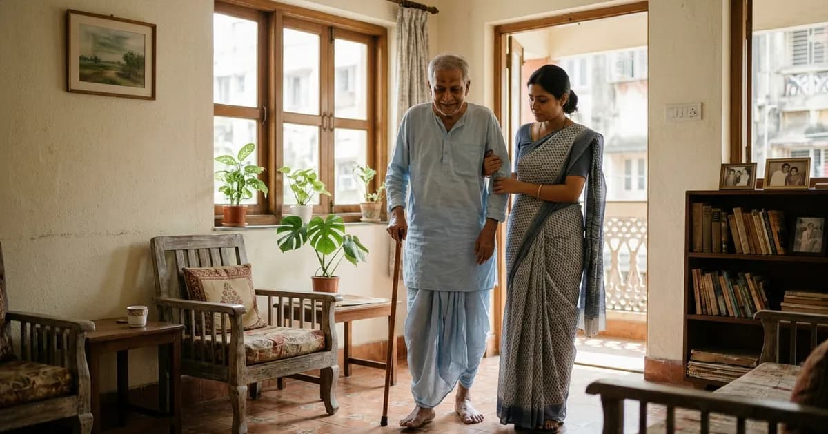 Caregiver gently supporting an elderly senior woman walking safely in a Kolkata living room