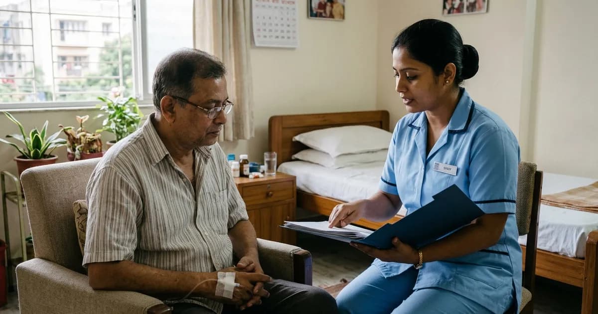 Registered nurse reviewing post-surgical recovery instructions with a seated patient in Kolkata