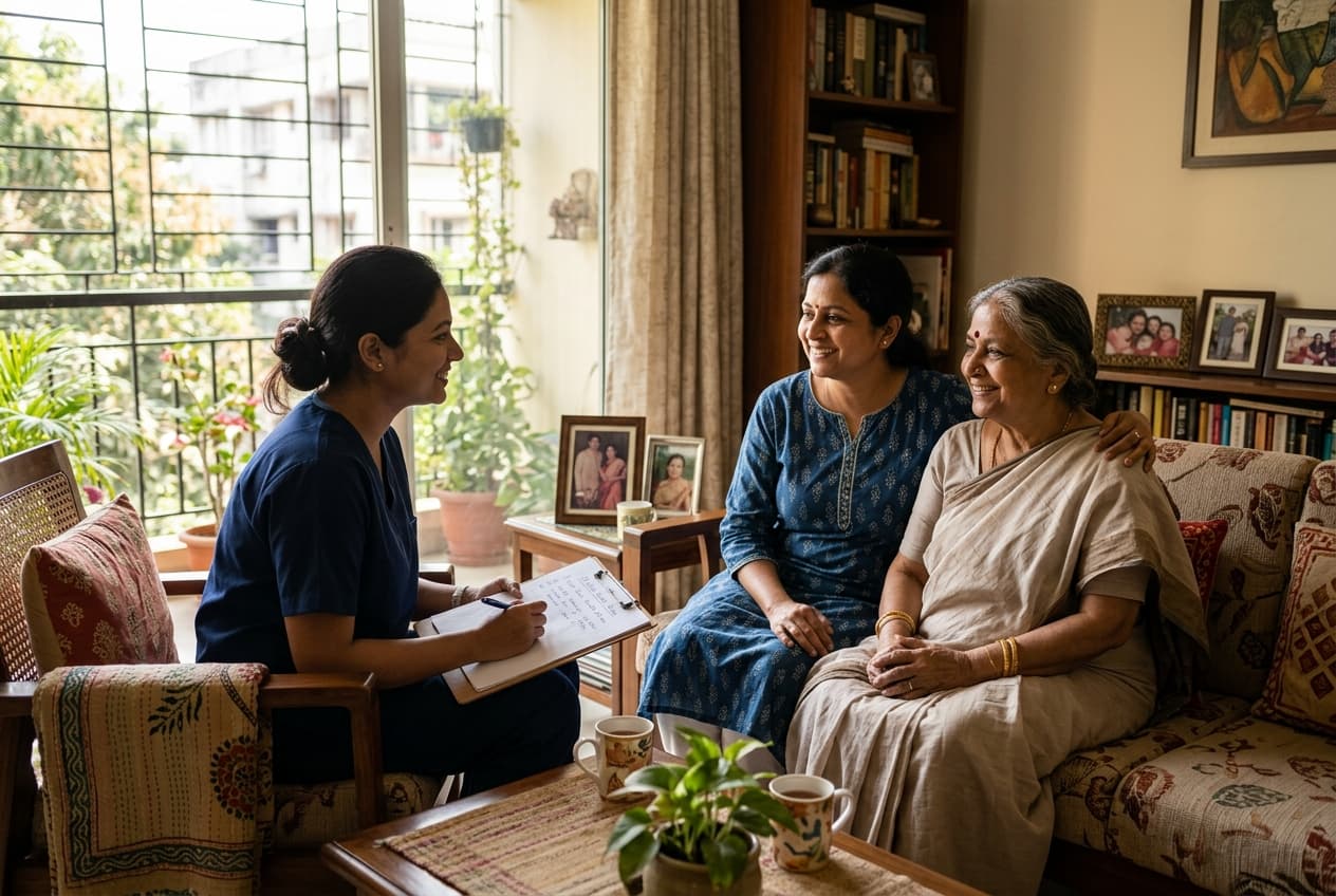 Attentive caregiver supporting an elderly family member at home in a safe environment
