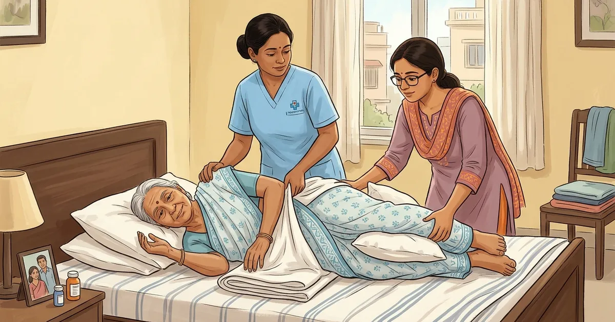 Caregiver gently adjusting an elderly bedridden patient pillow and position in a Kolkata home