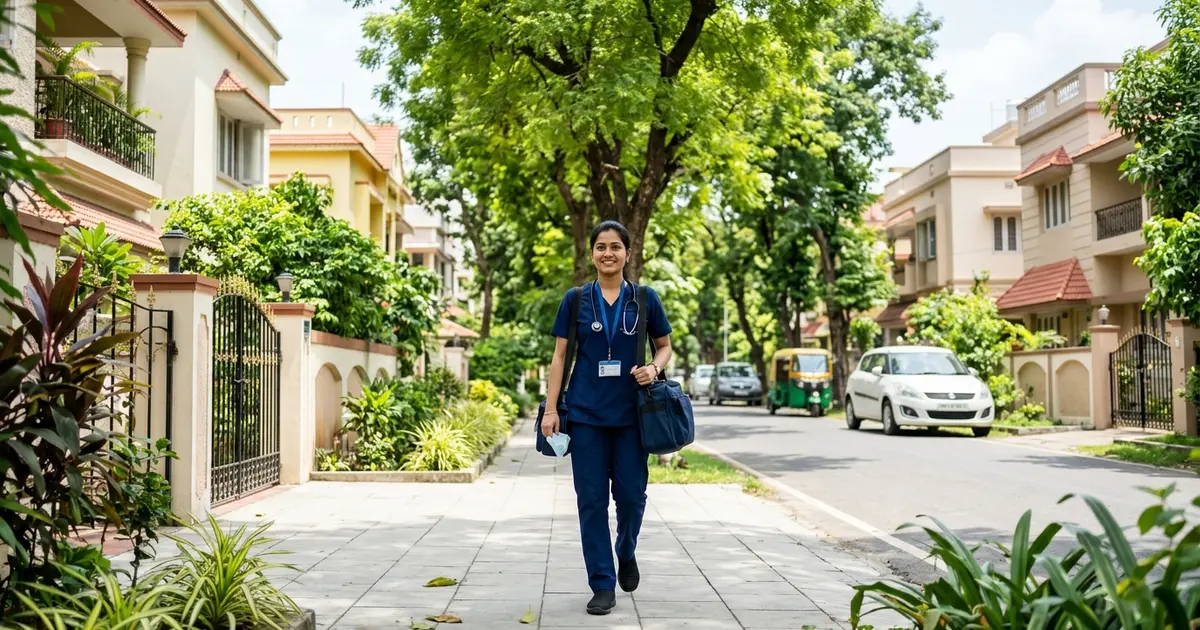 Professional registered nurse walking with medical kit on a residential avenue in Salt Lake, Kolkata