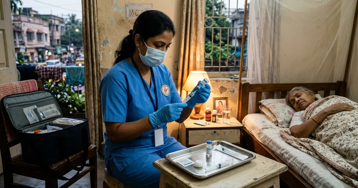 Registered nurse in blue scrubs preparing an intramuscular injection with sterile syringe in Kolkata