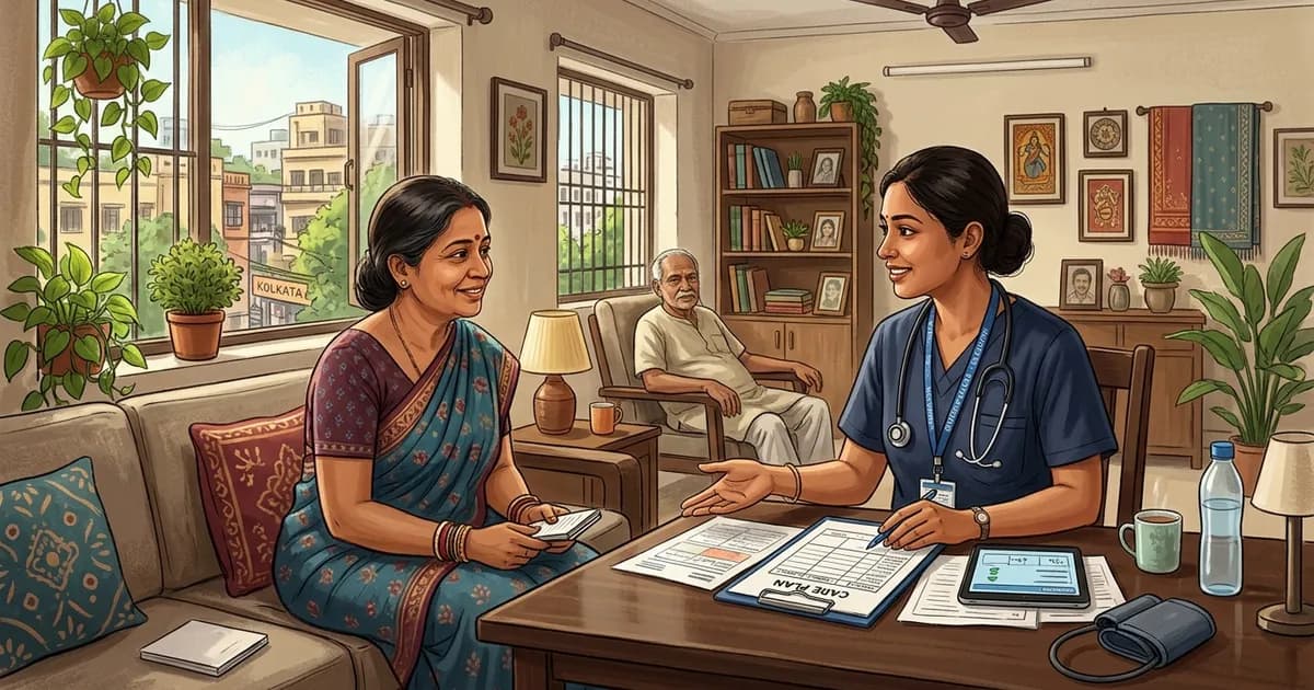 Family caregiver booking a home nurse via phone consultation in an organized Kolkata residence