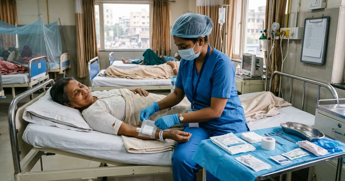 Certified nurse wearing sterile gloves applying an antiseptic dressing to a patient wound in Kolkata