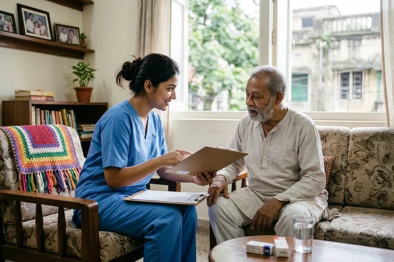 Nurse consulting family member regarding post-operative pacemaker wound care guidelines