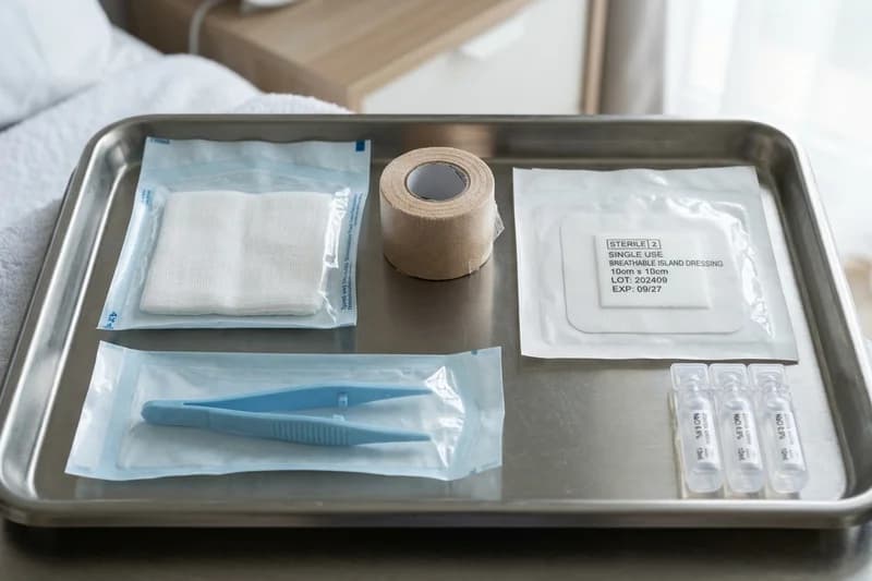 Single-use sterile surgical dressing kit with gauze, saline, and breathable island dressing